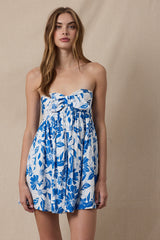 Mckenna Blue and White Floral Strapless Mini Dress