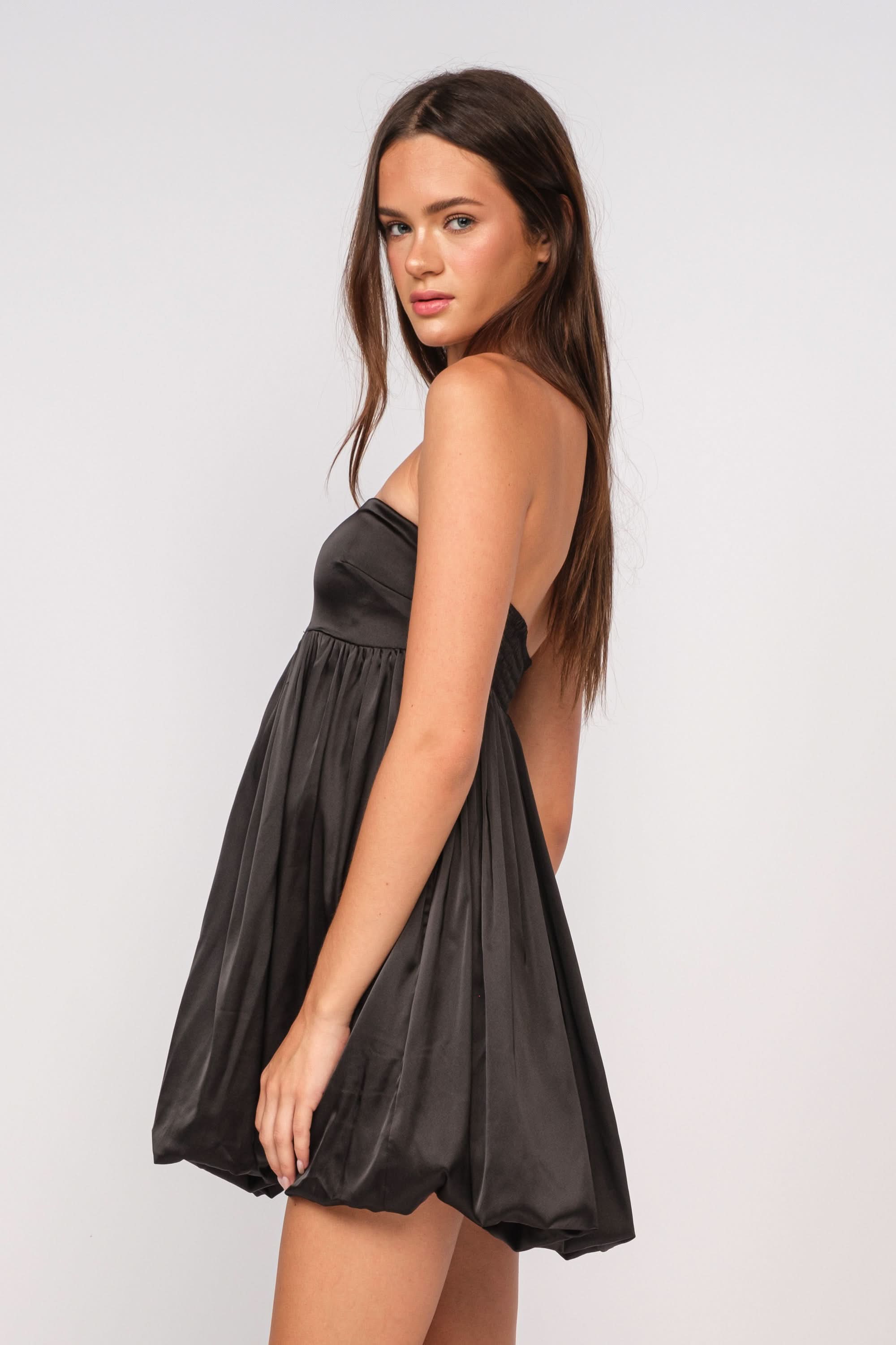 Melinda Black Satin Strapless Bubble Dress