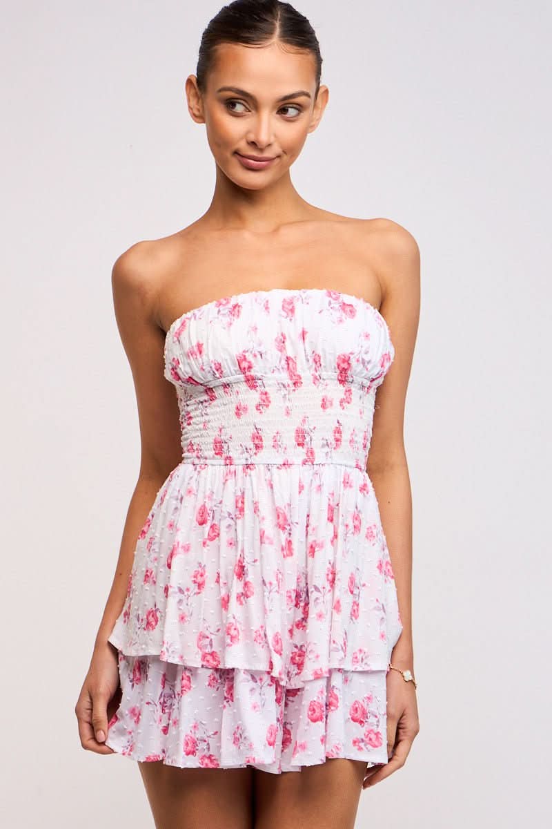 Michelle Pink Floral Strapless Romper Dress