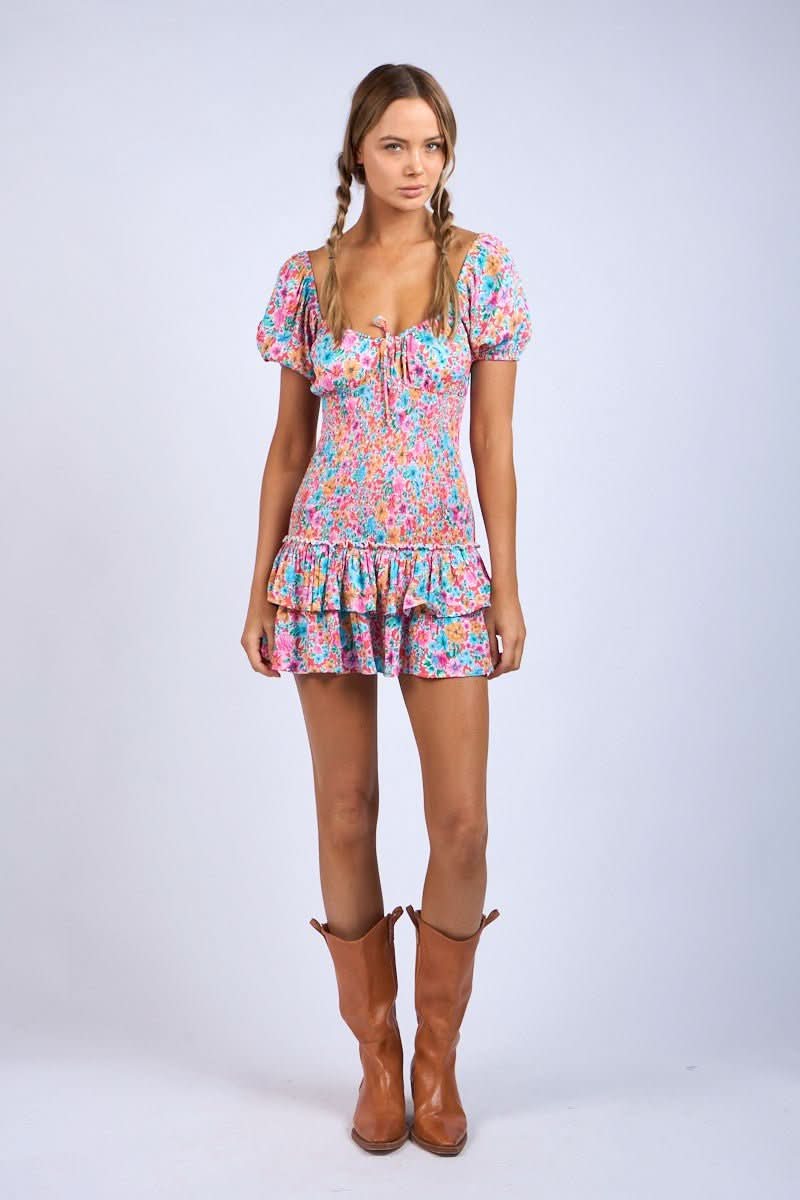 Mimi Aqua & Pink Floral Puff Sleeve Mini Dress