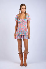 Mimi Aqua & Pink Floral Puff Sleeve Mini Dress