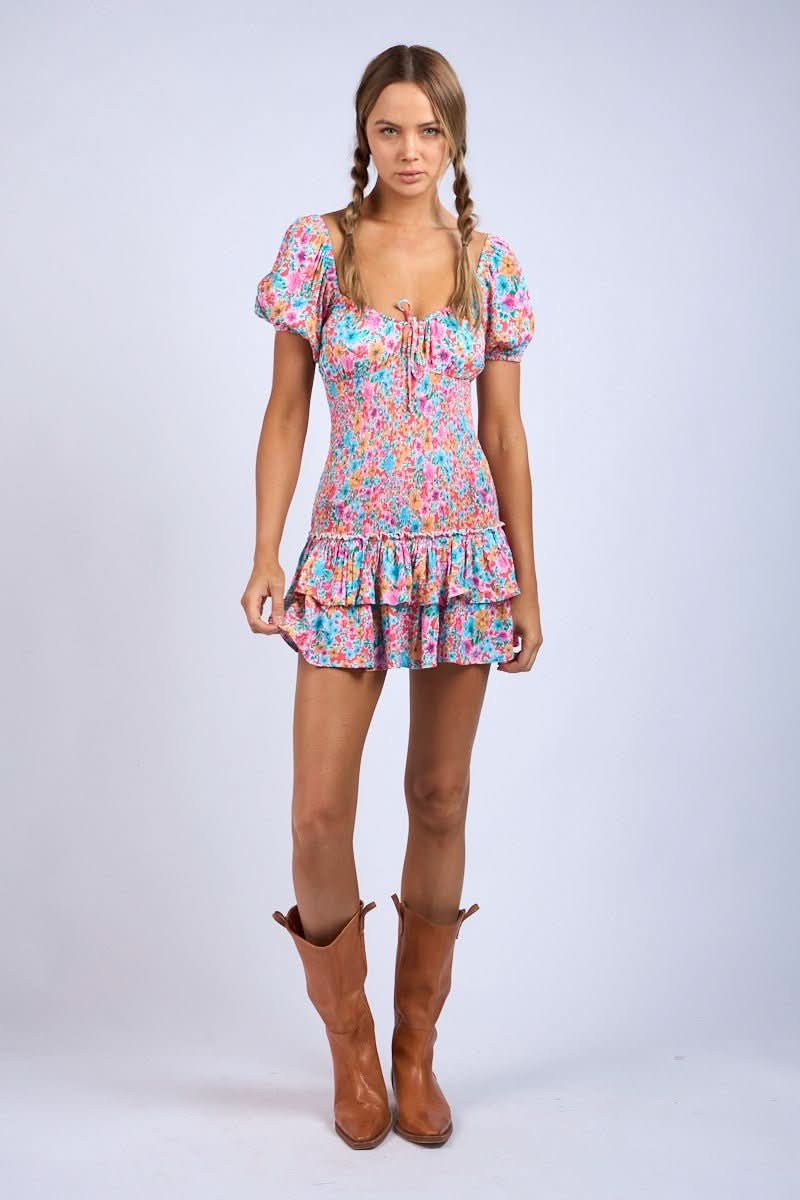 Mimi Aqua & Pink Floral Puff Sleeve Mini Dress