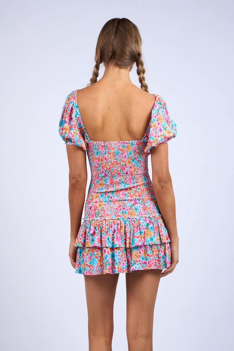 Mimi Aqua & Pink Floral Puff Sleeve Mini Dress