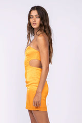 Miss Me Orange Satin Strapless Cutout Mini Dress