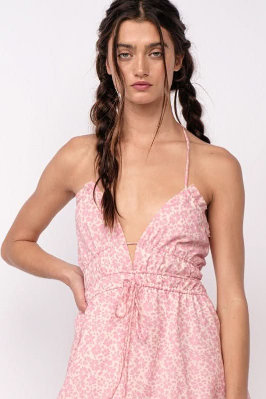 Kristen Pink Floral Halter Mini Dress