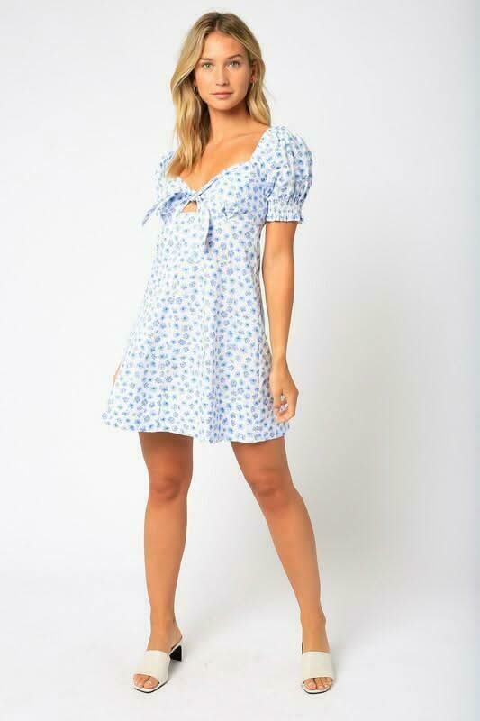 Darling Bloom White and Blue Floral Puff Sleeve Mini Dress