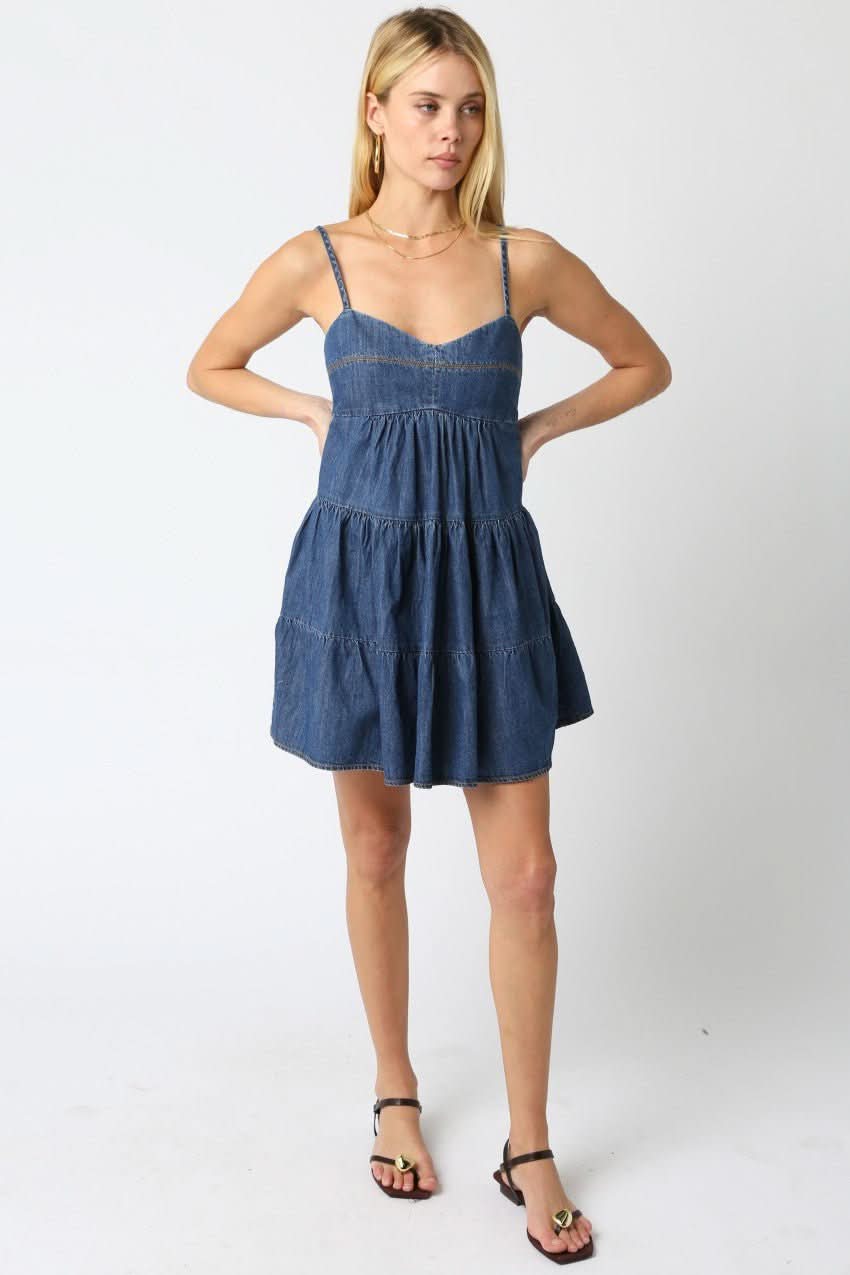 Promenade Medium Wash Denim Tiered Mini Dress