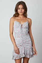 Dana Sky Blue Floral Ruched Ruffle Cami Mini Dress