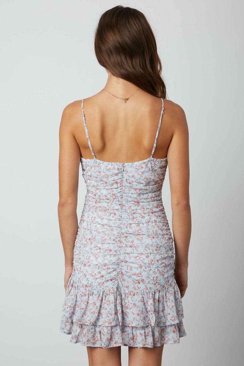 Dana Sky Blue Floral Ruched Ruffle Cami Mini Dress