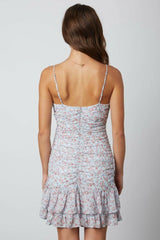 Dana Sky Blue Floral Ruched Ruffle Cami Mini Dress