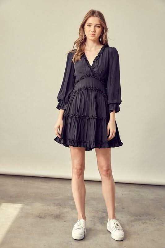 Adele Black Long Sleeve Ruffle Mini Dress