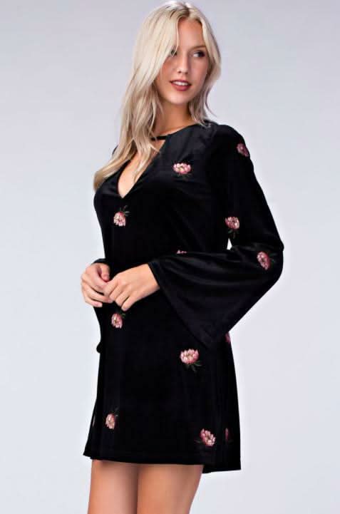 Midnight Reveries Black Floral Velvet Shift Dress