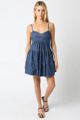 Promenade Medium Wash Denim Tiered Mini Dress