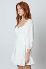 Enchanting White Three-Quarter Sleeve Mini Dress