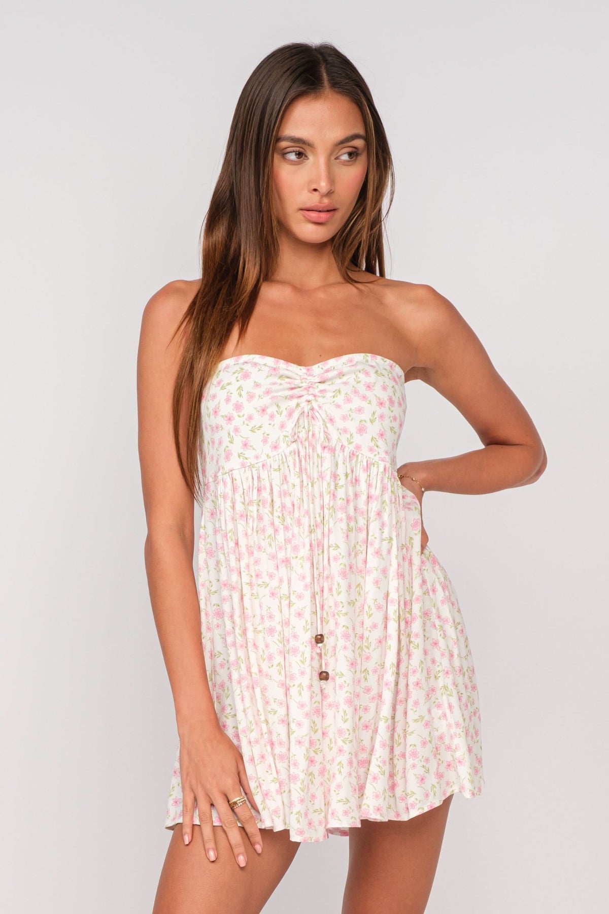Lena White and Pink Floral Print Strapless Mini Dress