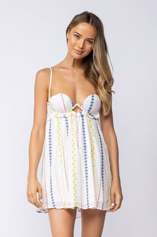 Drew White Embroidered Babydoll Cami Mini Dress