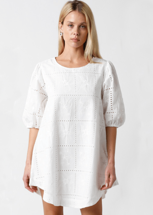 Kelly White Eyelet Puff Sleeve Shift Dress