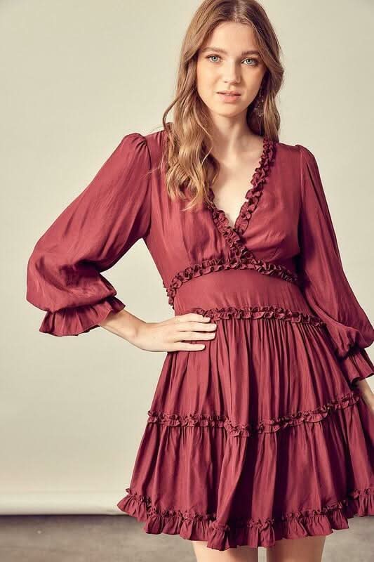 Adele Wine Long Sleeve Ruffle Mini Dress