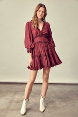 Adele Wine Long Sleeve Ruffle Mini Dress
