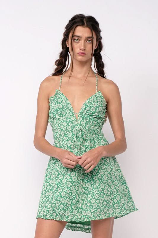 Kristen Green Floral Halter Mini Dress
